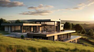 An image featuring a modern house nestled in a serene countryside setting, with ample space for text, background image, AI generated photo