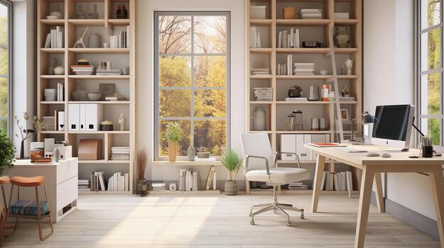 A visual representation of a well-organized home office with ergonomic furniture and efficient storage solutions, allowing space for text, background image, AI generated photo