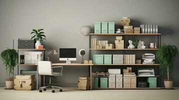 A visual representation of a well-organized home office display featuring ergonomic furniture and efficient storage solutions, allowing space for text, background image, AI generated photo