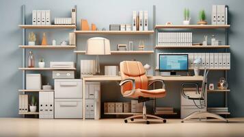 A visual representation of a well-organized home office display featuring ergonomic furniture and efficient storage solutions, allowing space for text, background image, AI generated photo