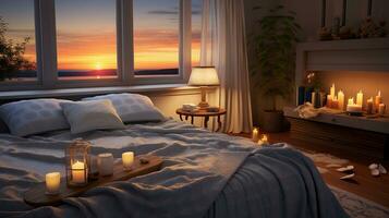 An artistic portrayal of a tranquil and inviting bedroom setup with cozy furniture, inviting text to explore ideas, background image, AI generated photo