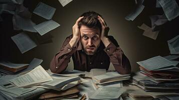 An image depicting a person surrounded by bills, debt notices, and a concerned expression, providing space for text, background image, AI generated photo