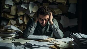 An image depicting a person surrounded by bills, debt notices, and a concerned expression, providing space for text, background image, AI generated photo