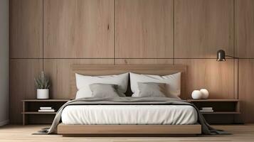 Bedroom furniture display with space for text and wooden wall background, background image, AI generated photo