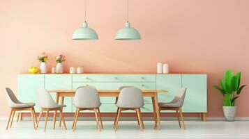 Dining room furniture display with space for text and pastel background, background image, AI generated photo