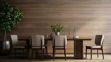 Dining room furniture display with space for text and wooden wall background, background image, AI generated photo