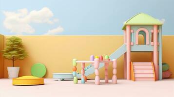 Kids playground furniture display with space for text and pastel background, background image, AI generated photo