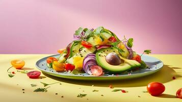 A scene illustrating a beautifully plated avocado salad with colorful vegetables, set against a pastel backdrop. Provide space for text, background image, AI generated photo