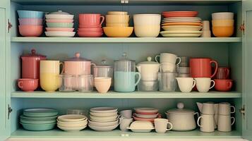 A scene illustrating a well-organized kitchen cabinet or pantry with neatly stacked pastel-colored cookware and storage containers, providing space for text, background image, AI generated photo