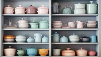 A scene illustrating a well-organized kitchen cabinet or pantry with neatly stacked pastel-colored cookware and storage containers, providing space for text, background image, AI generated photo
