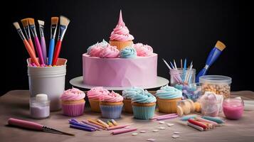 A scene illustrating an array of cake decorating tools and pastel-colored icing bags, providing space for text, background image, AI generated photo