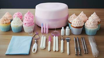 A scene illustrating an array of cake decorating tools and pastel-colored icing bags, providing space for text, background image, AI generated photo