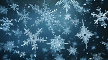 un visual representación de un colección de copo de nieve cristales en un oscuro fondo, atractivo texto a discutir el Ciencias detrás copo de nieve formación, antecedentes imagen, ai generado foto