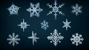 A visual representation of a collection of snowflake crystals on a dark background, inviting text to discuss the science behind snowflake formation, background image, AI generated photo