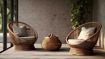 A visual representation of elegant rattan furniture pieces, indoors or outdoors, inviting text to explore the versatility and timeless beauty of rattan, background image, AI generated photo