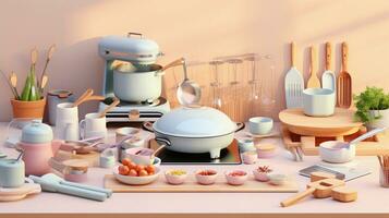 A visually appealing composition showcasing a neatly organized kitchen workspace with pastel-colored cookware and utensils, background image, AI generated photo