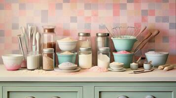 An artistic portrayal of a pastel-themed baking scene, featuring tools like mixing bowls, whisks, and measuring cups, with designated areas for text, background image, AI generated photo