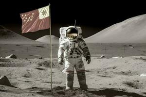 chino astronauta Luna con bandera foto