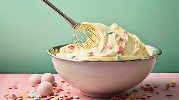 An image featuring a pastel-colored mixing bowl, whisk, and cake batter, evoking the joy of baking. Allow space for text, background image, AI generated photo