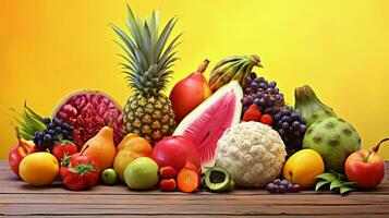 un imagen presentando un vibrante surtido de tropical frutas, incluso piña, mango, papaya, y continuar fruta, en contra un suave pastel fondo, antecedentes imagen, ai generado foto