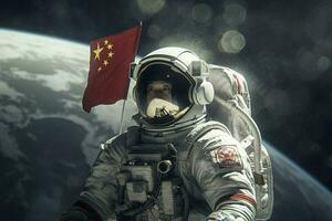 chino astronauta Luna con bandera foto