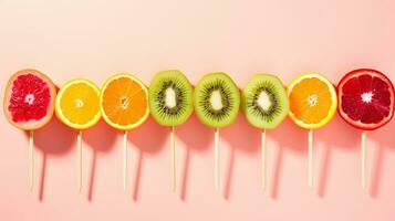 An image featuring colorful fruit skewers with tropical fruits like kiwi, watermelon, and passion fruit, set against a pastel background. Allow space for text, background image, AI generated photo