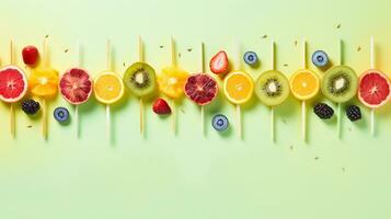 An image featuring colorful fruit skewers with tropical fruits like kiwi, watermelon, and passion fruit, set against a pastel background. Allow space for text, background image, AI generated photo