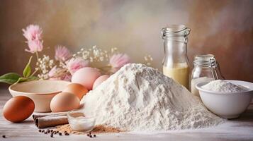 An image featuring essential cake making ingredients such as flour, eggs, sugar, and vanilla extract, set against a soothing pastel background. Leave space for text, background image, AI generated photo