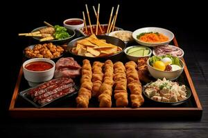 chinese food pu pu platter with metal barbeque in photo