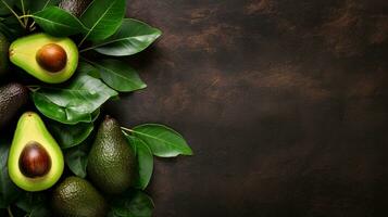 An image showcasing freshly harvested avocados with leaves and branches, set against a rustic textured background. Leave space for text, background image, AI generated photo