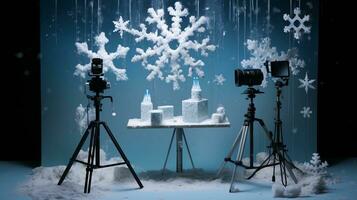 An image showcasing the setup used for capturing stunning snowflake photographs, allowing space for text, background image, AI generated photo