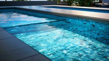 un escena ilustrando un lujoso piscina adornado con texturizado vaso loseta acentos, Proporcionar espacio para texto, antecedentes imagen, ai generado foto