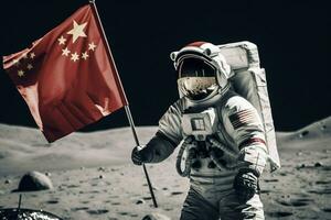 chinese astronaut moon with flag photo