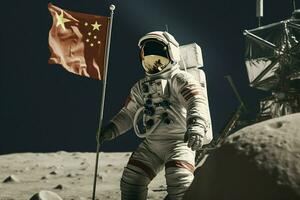 chino astronauta Luna con bandera foto