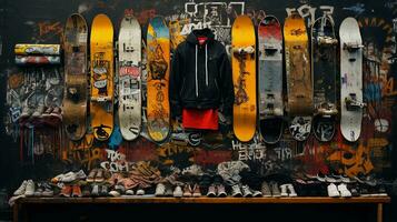 A visual composition featuring elements of grunge-style skateboarding culture, from skateboard decks to urban skate spots, set against a textured urban background. Background image, AI generated photo