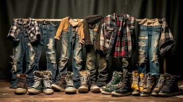 A visually appealing composition featuring grunge-inspired fashion items, such as ripped jeans, flannel shirts, and combat boots, set against a textured background, background image, AI generated photo