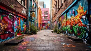 A visually appealing composition showcasing a colorful and textured alleyway adorned with graffiti, background image, AI generated photo