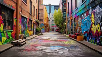 A visually appealing composition showcasing a colorful and textured alleyway adorned with graffiti, background image, AI generated photo