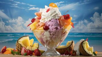 un visualmente atractivo composición exhibiendo un tema tropical hielo crema helado con frutas y nueces con exótico frutas, Coco virutas, y color pastel coberturas, antecedentes imagen, ai generado foto