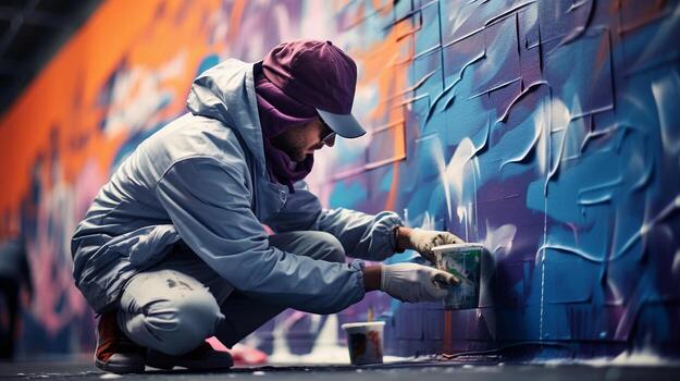 An artistic portrayal capturing a graffiti artist in action, creating textured and dynamic artwork, with designated areas for text, background image, AI generated photo