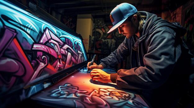 An artistic portrayal capturing a graffiti artist in action, creating textured and dynamic artwork, with designated areas for text, background image, AI generated photo