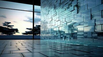 An artistic portrayal of a unique architectural structure adorned with textured glass tiles, providing space for text, background image, AI generated photo