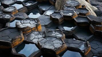 An artistic portrayal of natural wonders with hexagonal shapes, such as basalt columns or honeycomb structures, background image, AI generated photo