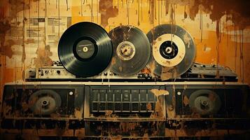 An image capturing the essence of grunge music with distressed textures, vintage equipment, or vinyl records, allowing space for text, background image, AI generated photo