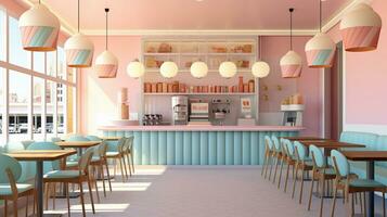 An image featuring a charming ice cream parlor or shop with a pastel color scheme, allowing space for text, background image, AI generated photo