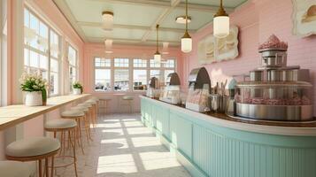 An image featuring a charming ice cream parlor or shop with a pastel color scheme, allowing space for text, background image, AI generated photo