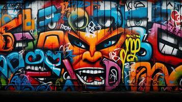 An image featuring vibrant and expressive graffiti art on a textured urban wall, leaving space for text, background image, AI generated photo