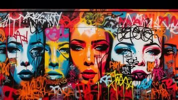 An image featuring vibrant and expressive graffiti art on a textured urban wall, leaving space for text, background image, AI generated photo