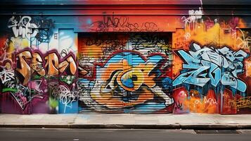 An image featuring vibrant and expressive graffiti art on a textured urban wall, leaving space for text, background image, AI generated photo
