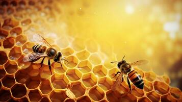 An image showcasing a hexagonal beehive with bees at work, set against a textured background. Allow space for text, background image, AI generated photo